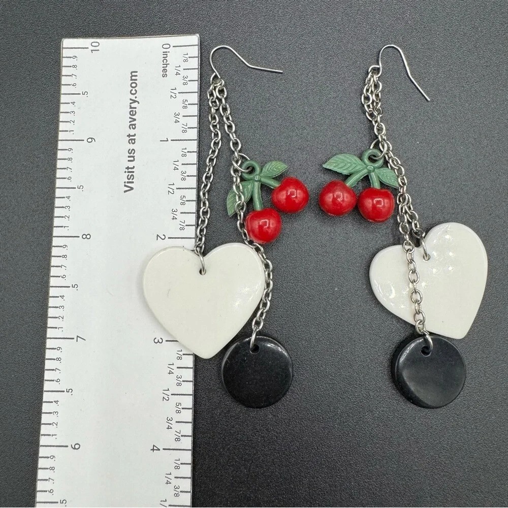 Red Cherry Heart Dangly Earrings 90s Style - Picture 4 of 11